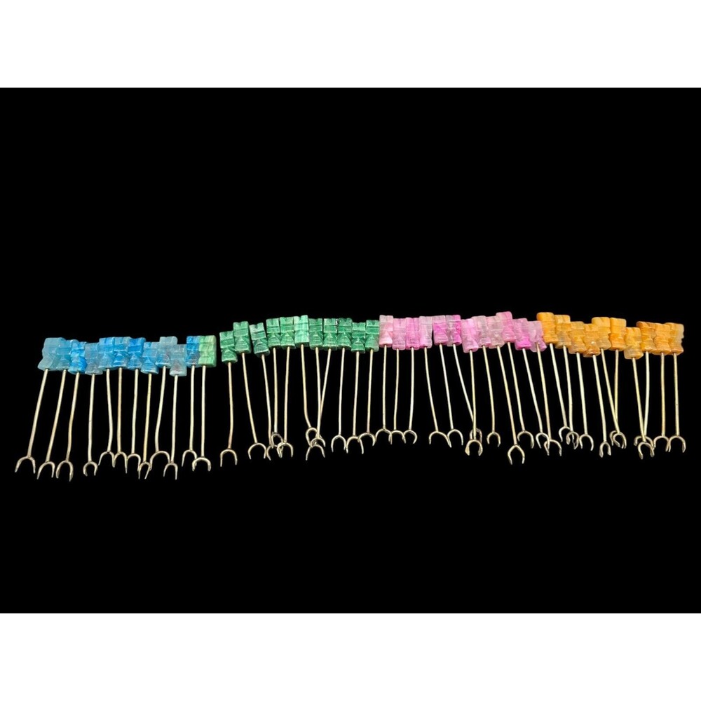 Vtg Set Of 44 Carved Stone Tiki Aztec Head Hors D'oeuvres Forks Blue Green Pink+